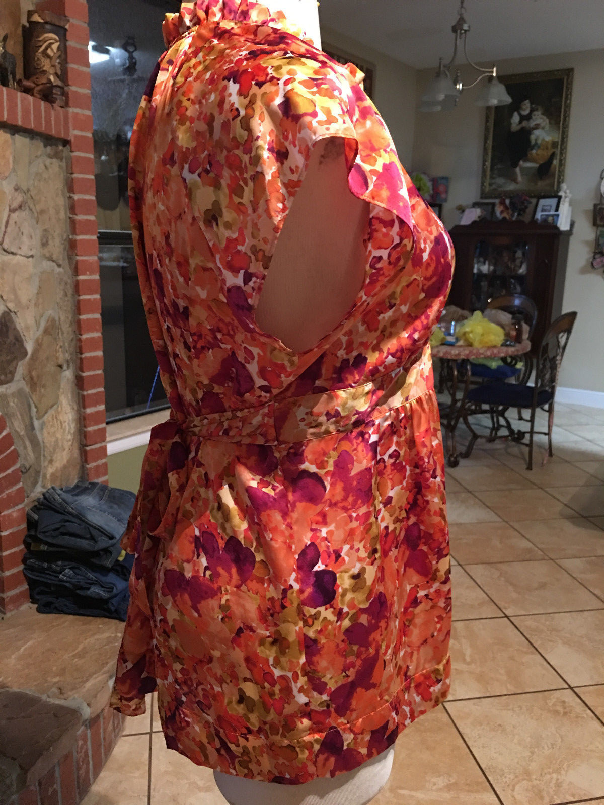 Apt 9 Blouse XLARGE Ruffle Orange Multi Unique Print Blouse