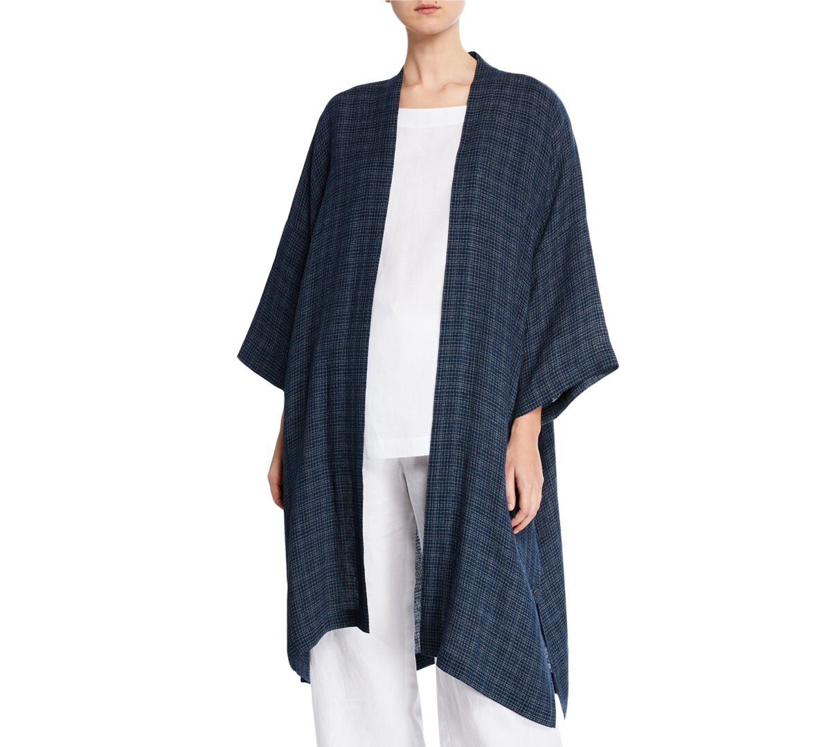 NWT Eskandar Size (1) DARK NAVY W/WHITE GRID WEAVE Linen 44" Long Kimono Jacket