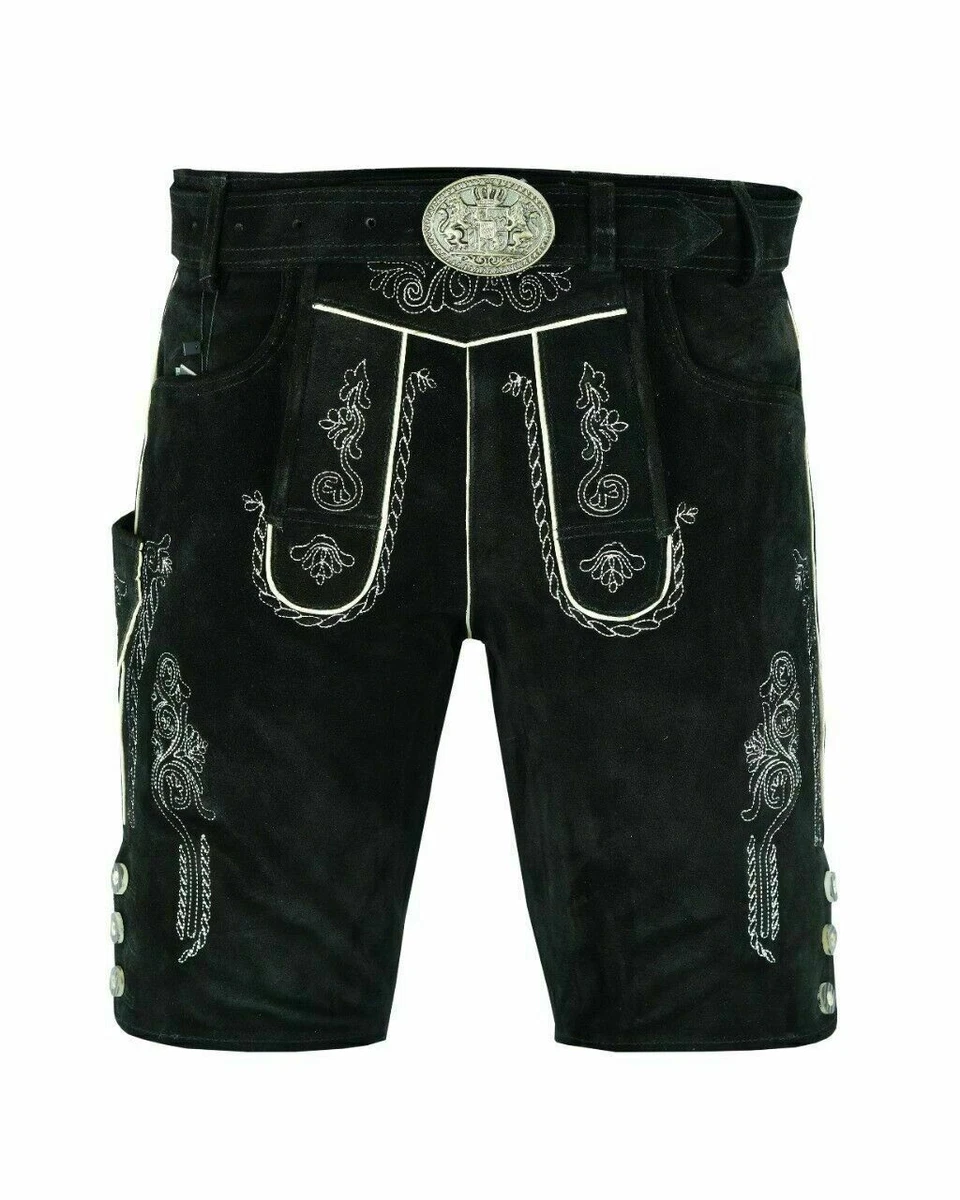 Bavarian Men s Lederhosen Short With Rustic Belt Black Oktoberfest Outfit