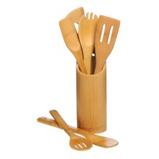 6 Pc Aleki Bamboo For Kitchen Cooking Tool Utensils Set With Holder Kitchen New