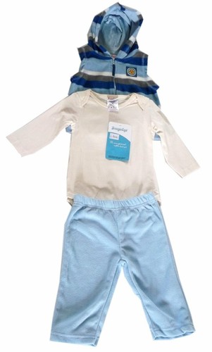 Baby Boys Blue & Cream Striped Hooded Romper 3Piece Suit SleepSuit Outfit Set - Picture 2 of 4