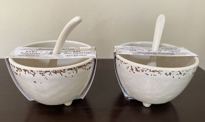 NEW! Set Of 2 Tommy Bahama Off White Melamine Crackle Bowl With Spoon Salsa Dip
