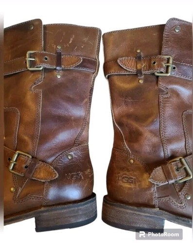 UGG Gillespie Moto Leather Combat Boots Brown Distressed Leather Women's Size 6 - Picture 4 of 8