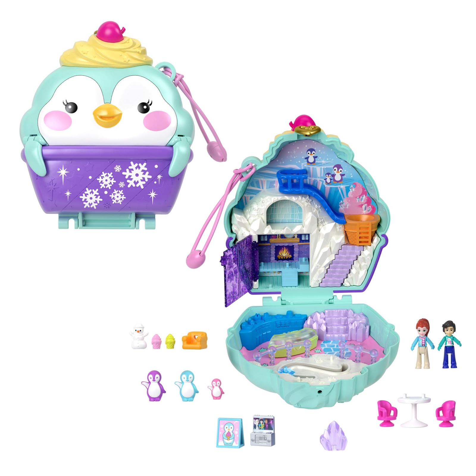 Polly Pocket Dolls and Playset, Travel Toy with Fidget Exterior, Snow Sweet Peng