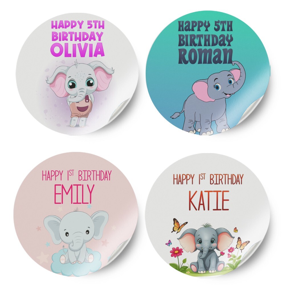 Diseño Elefante Personalizado Cualquier Nombre Cumpleaños Adhesivo Fiesta Decoración Etiqueta 31