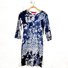 BOOHOO Womens Dress Size 8 Blue Ivory Lace Print Stretch Knit 3/4 Sleeve Bodycon