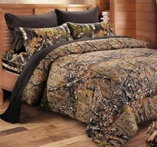 4pc Twin WOODLAND Brown CAMO COMFORTER / Black SHEET SET : HUNT WOODS TREE