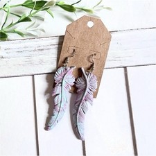 Handcrafted Lavender White Feather Polymer Clay Dangle Earrings Nature Theme
