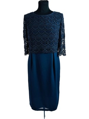 Tolles schlichtes dunkelblaues Spitzen Overlay Etui Midikleid Crop Top Effekt Gr. S - NEU 