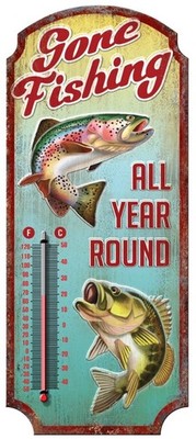 Gone Fishing All Year Round Thermometer Steel Embossed 17.5'' x 7.5'' ~ FREE SHIP