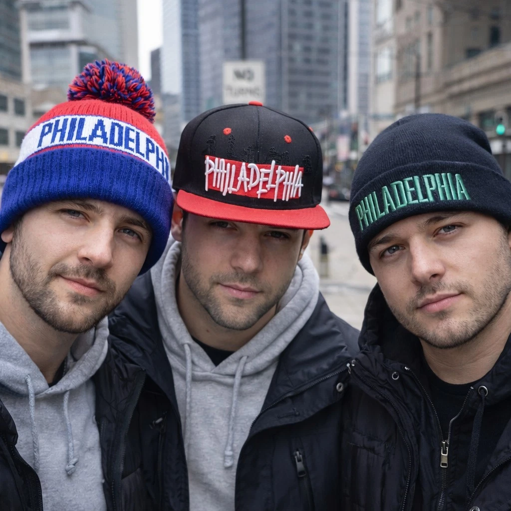 Philadelphia 3 Hat Lot Beanie Snapback And Knit Pom Pom Hats