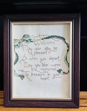 VINTAGE HAND MADE CROSS STITCH WELCOME SIGN Completed Framed 8  X 10  1585-54