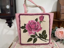 60s Vintage Needlepoint Pink Rose Bag Purse Mid Century Double Side Cottage Boho