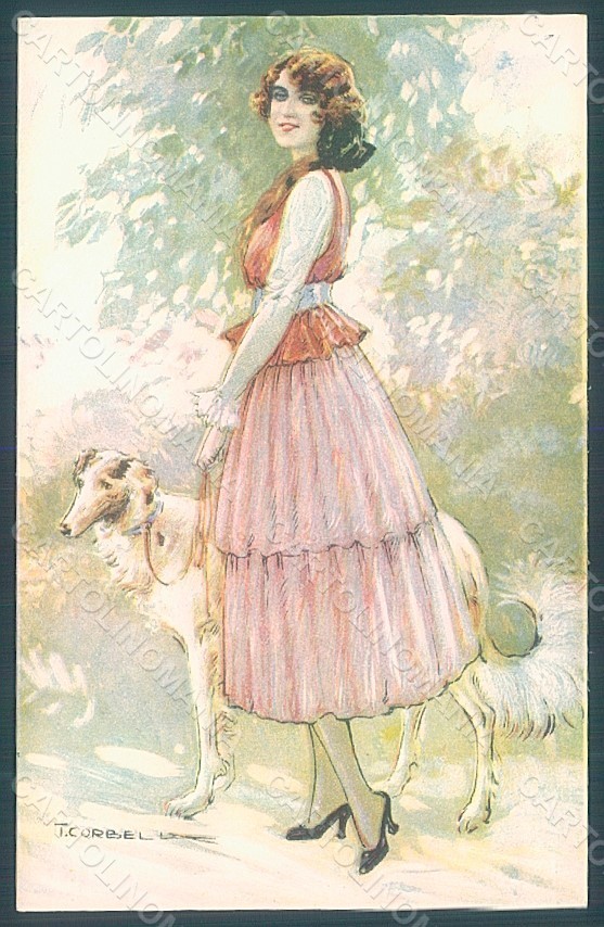 Cartolina Artista Firmata Corbella Glamour Lady Borzoi Cane serie 237-3 HR2903