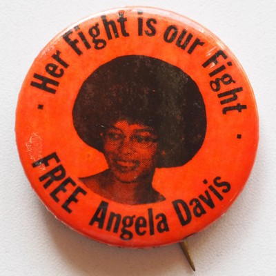 Angela Davis Vintage Button Her Fight is our Fight 1970s Black Power Pin TOP