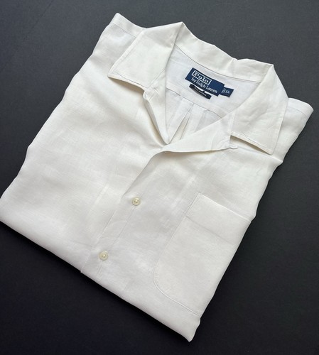 VTG POLO Ralph Lauren Caldwell Shirt-XL-60/40 Linen Silk-Loop Collar-Ivory - Picture 5 of 12