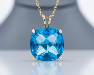 Schachbrettmuster Blautopas 7,86 kt ANHÄNGER 14k MASSIVES GOLD 12 mm - HERGESTELLT IN DEN USA - Neu mit Etikett