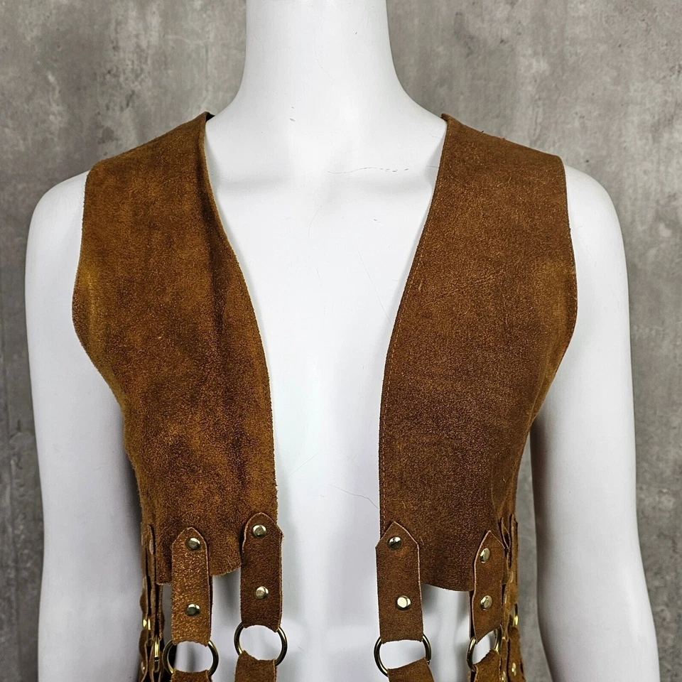 Vintage 70s Fringe Vest Suede Leather Hippie Festival Western Boho Rings Brown - Image 3 of 4
