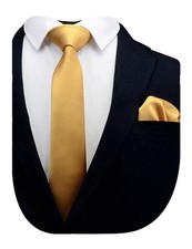 2.4" Slim Necktie and Handkerchief Set For Men Solid Skinny Tie Brooch Set G...