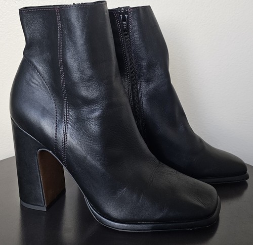 Topshop Holden Leather Black Ankle Boots square toe zip block heels Wmn SZ 40