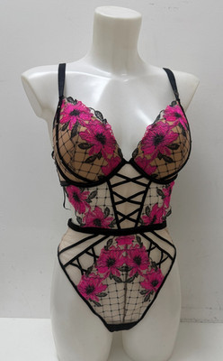 Ex Ann Summers Boudoir Rose gepolsterter Body in Schwarz & Pink 10/12 D/DD 14/16 B/C