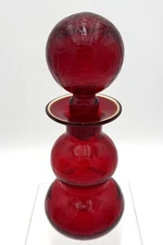 8.25" Ruby Red Crackle Rainbow Art Glass Gurgle Decanter & Ball Stopper #343