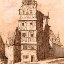 Georg Schmidt Nürnberg Panierplatz Straßenansicht Unikat koloriert Zeichnung