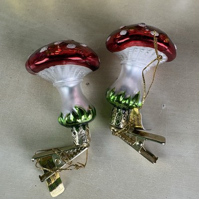 2 Christmas Kathe Wohlfahrt Glass Mushroom Clip Ornament 2.5 