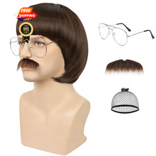 Yargel Hair Dark Brown Bowl Cut Wig  Glasses  21.5-23.5 Inch,