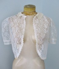 Vtg 50s 60s sheer white floral lace bridal bed jacket puff sleeves XS/S