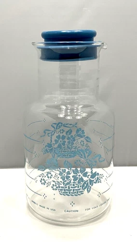 Vtg Pyrex Carafe Lid Pitcher Cornflower Glass Clear Blue Floral Flowers 2Qt 2L