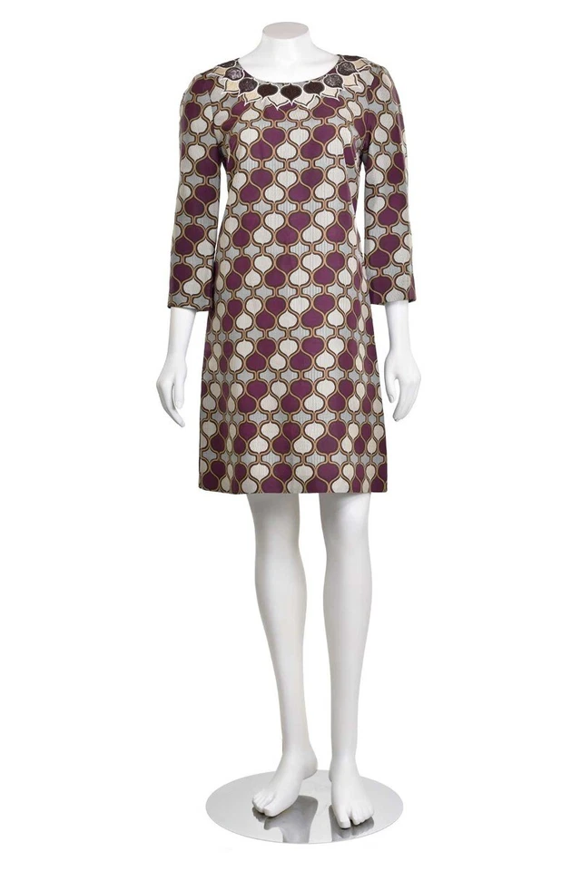 Vestido recto Tory Burch 100 % seda estampado con mangas 3/4 de largo y cuello con cuentas talla 6 Foto 2 de 4