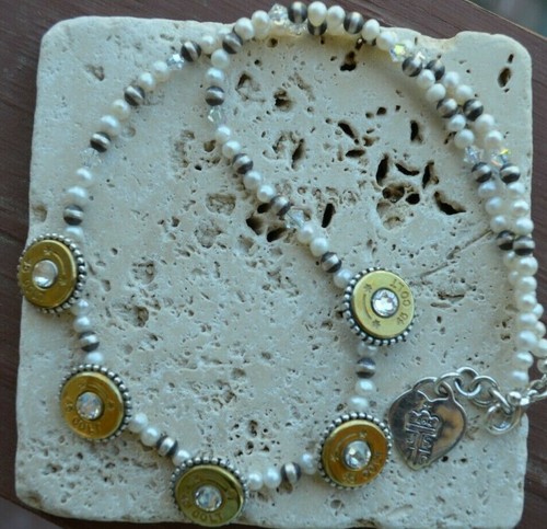  45 Colt Star Line Bullet Casing .925 Sterling /FW Pearl Necklace & Bracelet Set - Afbeelding 5 van 11