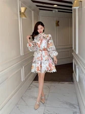 Self Portrait Ladies Maxi Embroidered Collared Puff Sleeve Belt Mini Shirt Dress