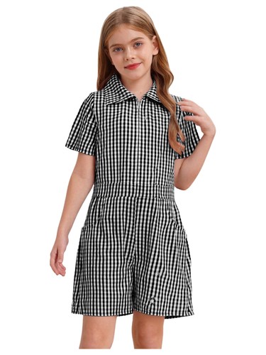 Kids Girls Plaid School Uniform Playsuit Short Sleeve Turn-Down Collar Jumpsuit - Picture 43 of 107