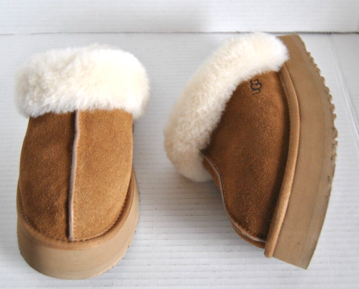 UGG Coquette Genuine Shearling Platform Slide Slippers In Chestnut