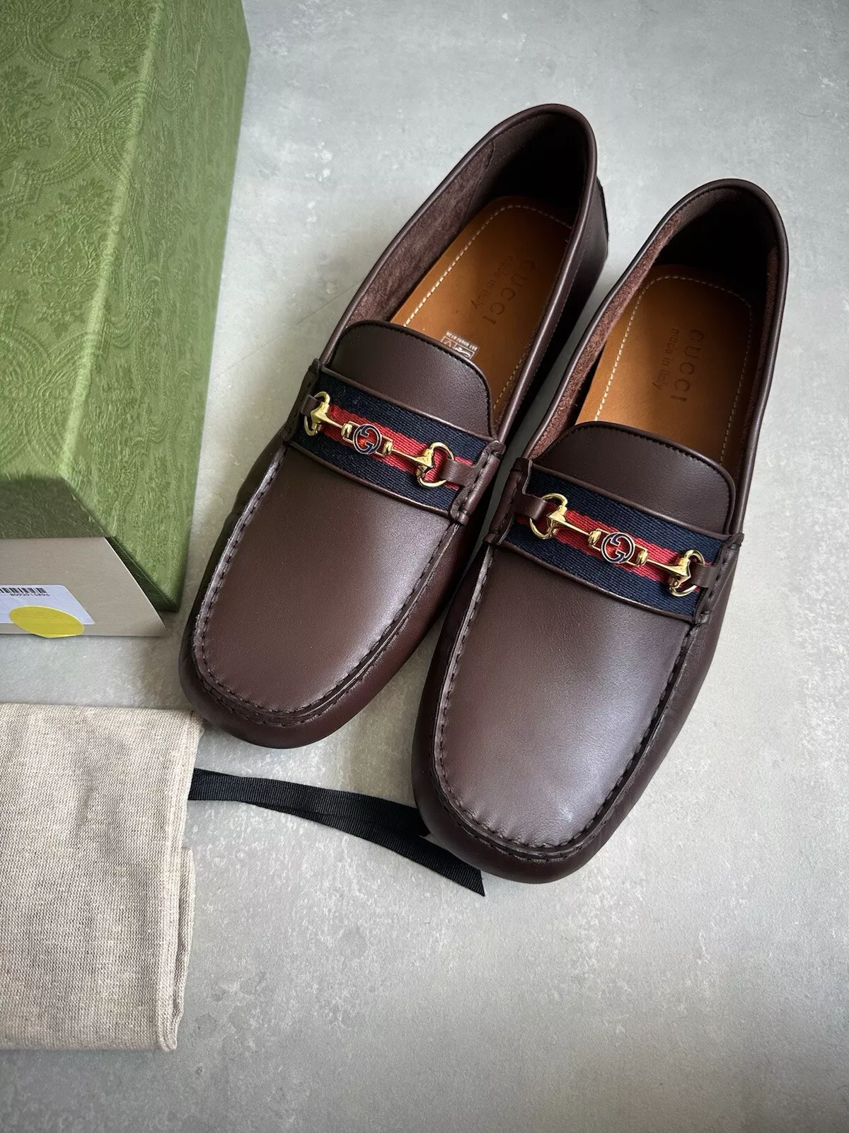 Chaussures de conduite en cuir Gucci Web GG Horsebit 1102G mocassins marron 624698 UK 12