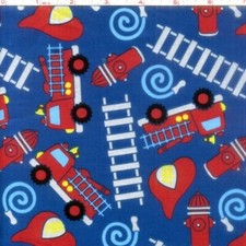 1 Yard Firetrucks and Ladders Blue Cotton Fabric BTY