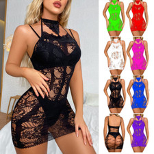 Women's Hollow Out Fishnet Halter Dress Lingerie Nightwear Bodycon Mini Dresses