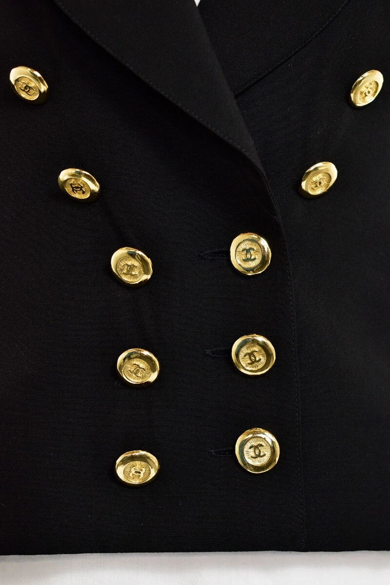 Giacca vintage anni 90 CHANEL doppiopetto logo CC bottoni in lana nera tg 38 F 6 US