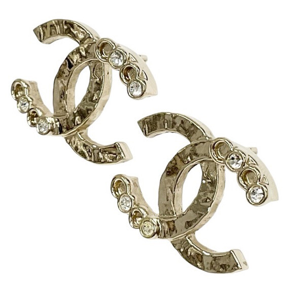 CHANEL CC Logos Rhinestone Stud Earrings Gold Tone A22P Auth w/Box