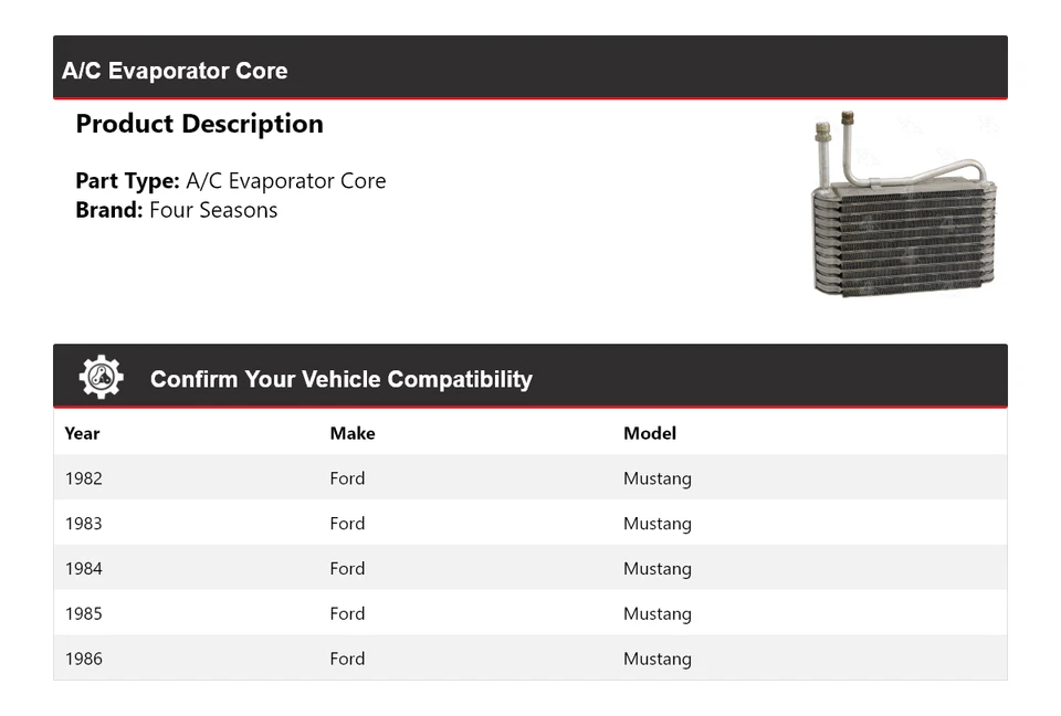 Núcleo evaporador aire acondicionado Ford Mustang 1982-1986 4 estaciones 1983 1984 1985 Foto 2 de 4