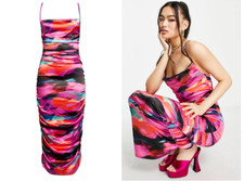 ASOS DESIGN Abstract Print Ruched Silky Satin Bodycon Midi Maxi Dress 0 = XS 4UK