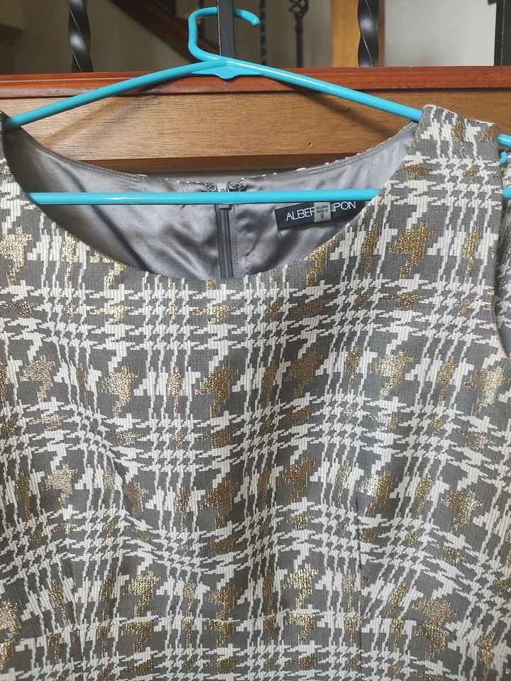 ALBERT NIPON GORGEOUS 2PC GOLD TRIM TWEED SHEATH DRESS LONG COAT SET, SIZE 8 - Image 3 of 4