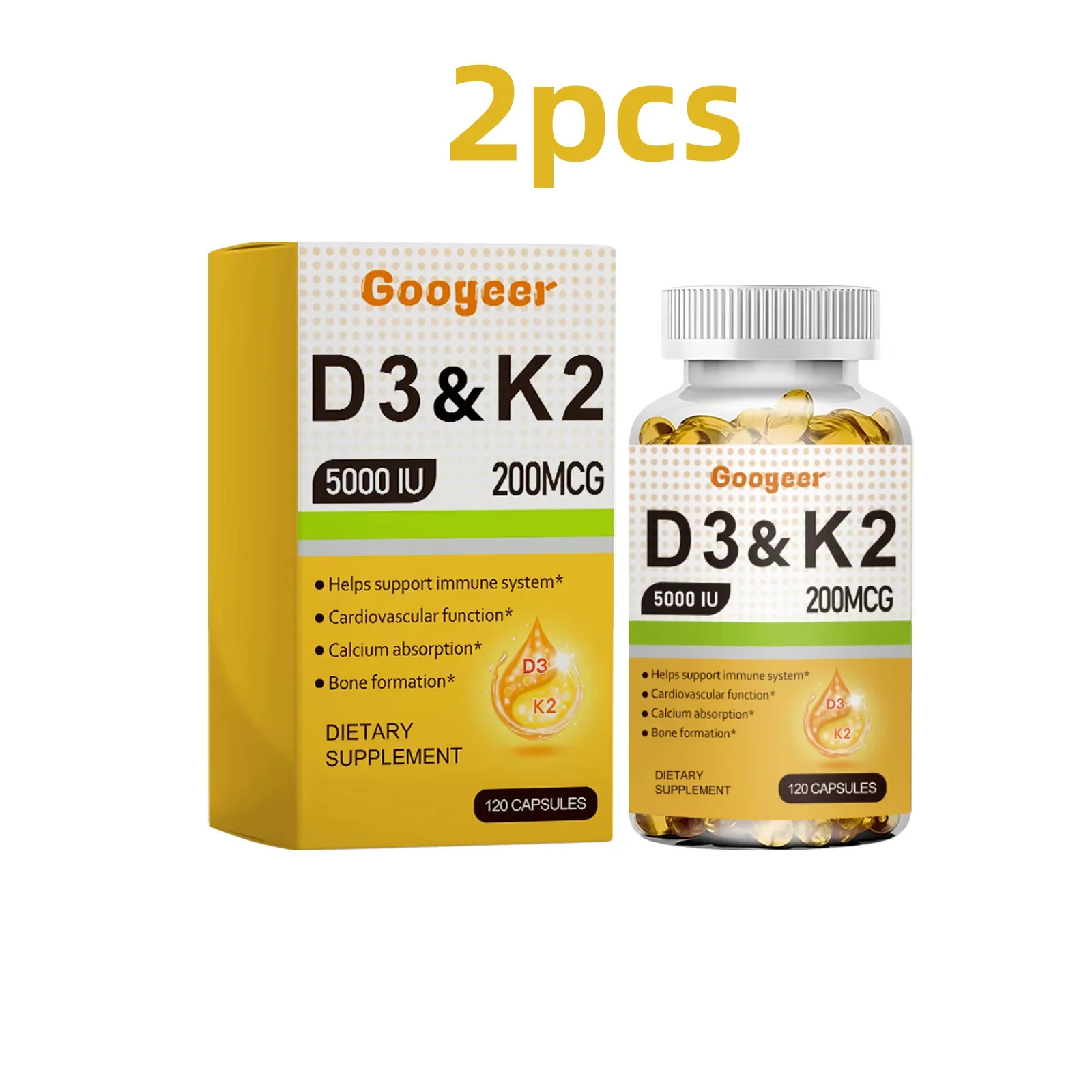Googeer 120pcs Vitamin D3 K2 Gel Capsules Dietary Supplement For Immunity