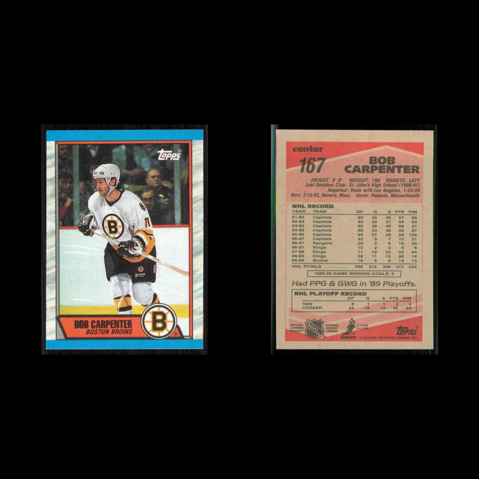 Bob Carpenter #167 1989 Topps Boston Bruins Hockey Card NHL NM - Image 3 of 3