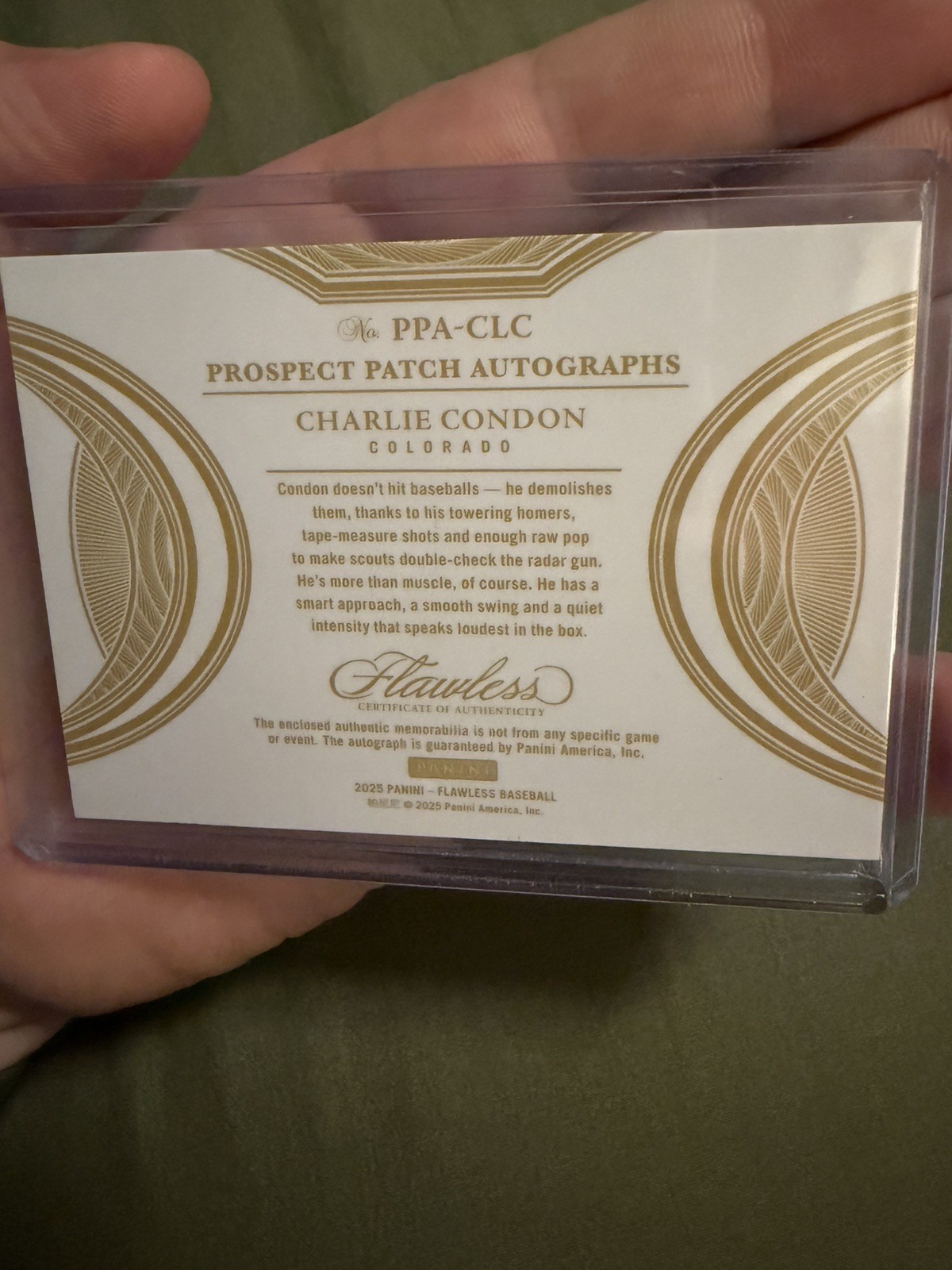 2025 Panini Flawless Charlie Condon Silver On-Card Patch Auto 17/25 Rockies view 4