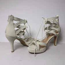 Top Moda Heels Pebble-2 Women 10 Open Toe Lace Up Cut-Out White Classy Rope Zip