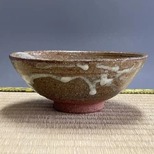 H037 : Japanese Pottery Flat Chawan Matcha Tea Bowl Tea Ceremony Sado Vintage