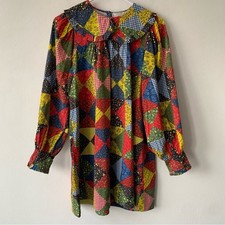 Doen Adalina Cotton Collar Ruffle Button Long Sleeve Mini Dress Patchwork Quilt
